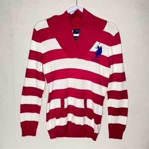 U.S.Polo Assn. Women's M Big Pony Rugby Pink White Striped Long Sleeve Cowl Neck